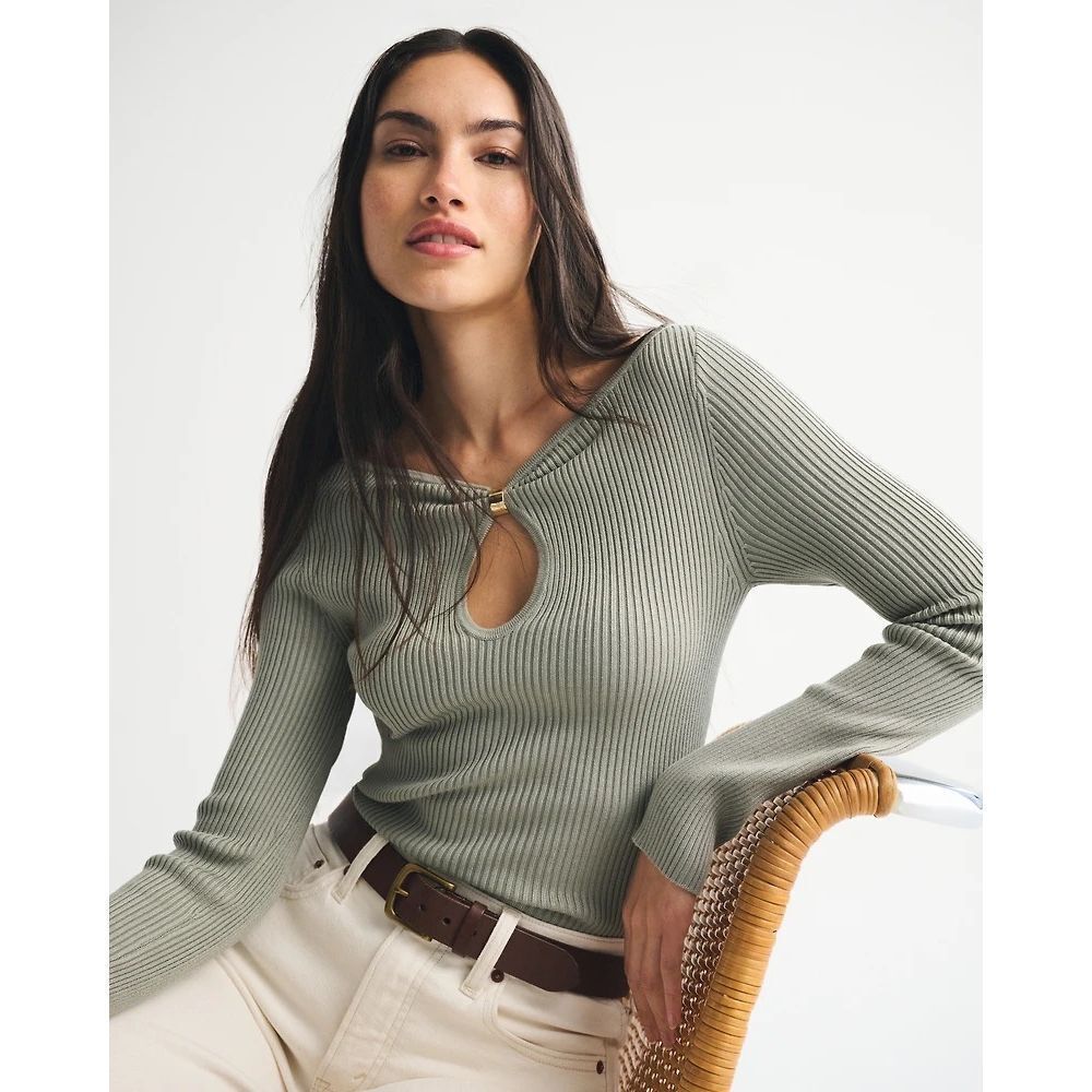 Abercrombie & Fitch Sweater Top NEW Hardware Keyhole Long-Sleeve Frosty Olive Gr